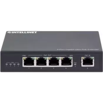 Extensor PoE Ultra Intellinet 4 puertos Gigabit, aumenta el alcance PoE hasta 100 m, presupuesto PoE de 90 W, cuatro puertos PSE con hasta 30 W de potencia de salida, conforme IEEE 802.3bt/at/af, carcasa de metal