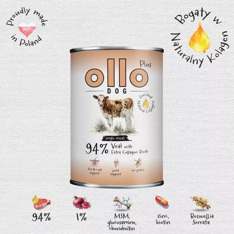 Ollo Plus Colágeno Carne de ternera 400 g Lata para perros