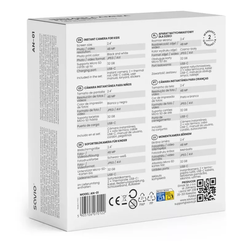 Cámara instantánea SAVIO AN-01 para niños, blanca, LCD de 6,1 cm (2,4″), MicroSDHC hasta 32 GB, USB-C, batería de 1200 mAh, sin flash integrado