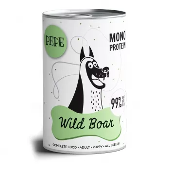 Comida húmeda para perros PAKA ZWIERZAKA Pepe jabalí 400 g — adulto, sabor a jabalí, 8,2 % proteína, 6,2 % grasa, lata