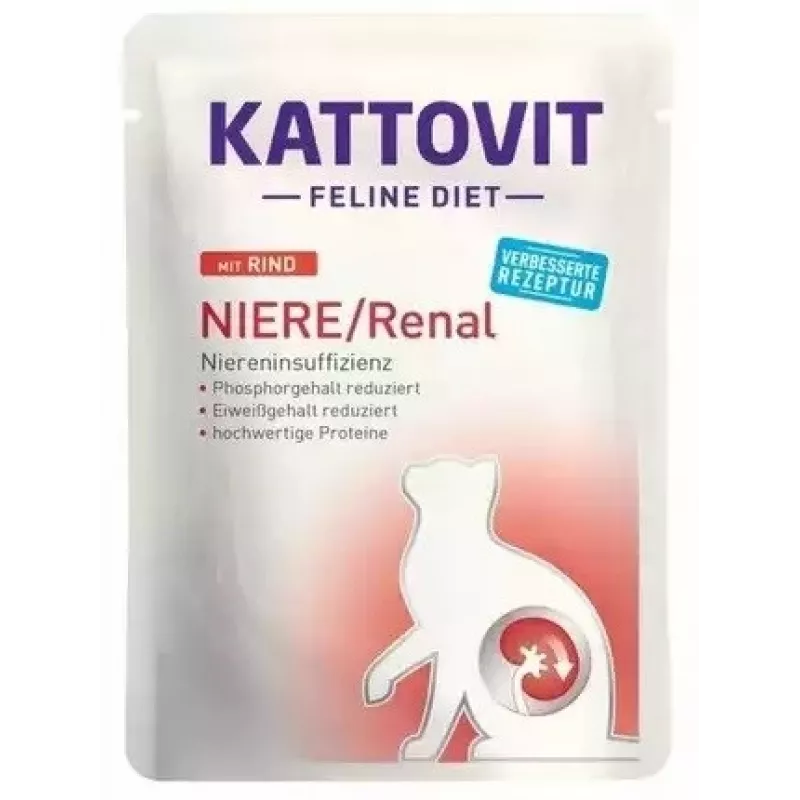 Comida húmeda para gatos KATTOVIT Niere/Renal 85 g bolsa – 12 x 85 g, ave (ternera, pollo, pato, pavo) para gatos adultos con insuficiencia renal