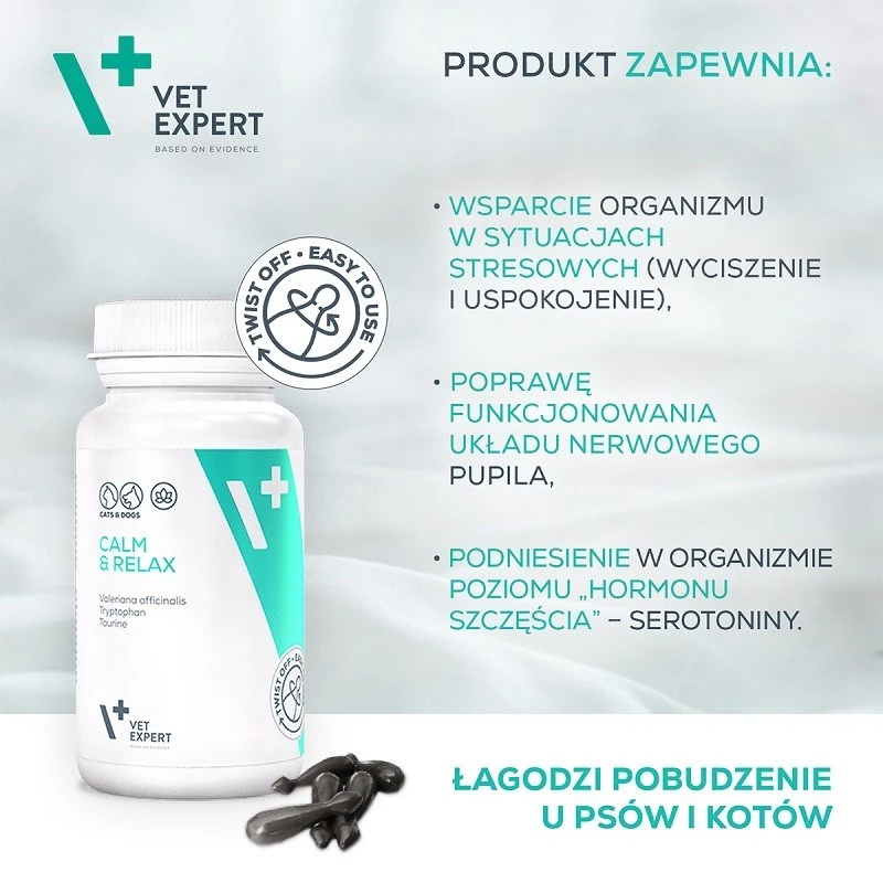 Complemento relajante VETEXPERT Calm&Relax 30 cápsulas para perros y gatos, sin gluten, sin conservantes, en cápsulas