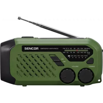 Radio portátil FM/AM SENCOR SRD1000SCLGR con Bluetooth, carga solar/manivela/USB-C, batería de 2000 mAh, IPX4, luces LED