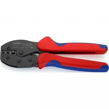 Alicate de crimpar Knipex PreciForce modelo 975236 SB — mangos aislados en negro, azul y rojo