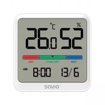 Sensor de temperatura y humedad interior SAVIO CT-01/W, pantalla LCD, -10–55 °C, 10–99 % HR, pila CR2032