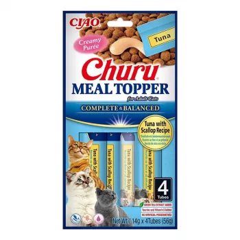 INABA Churu Meal Topper Atún con vieira – Bolsita de comida húmeda para gatos, 4 x 14 g