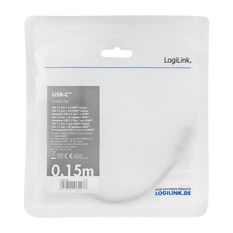LogiLink CUA0103 cable USB 3.2 Gen1 Type-C a HDMI-A 0,15 m negro gris