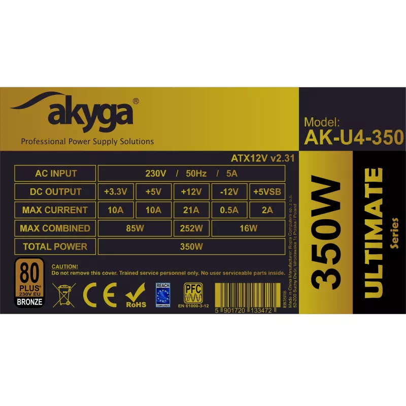 Fuente de alimentación ATX Akyga AK-U4-350 Ultimate 350 W, 80 PLUS Bronze, PFC activo, ventilador de 120 mm