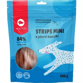 Premios de entrenamiento para perros MACED Mini Ducks Strips 500 g — carne de pato, trozos pequeños masticables, 45 % proteína