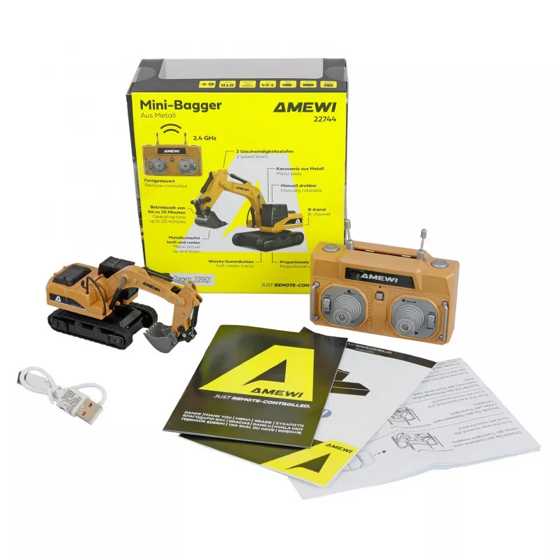 Excavadora modelo RC Amewi 22744 escala 1:64, motor eléctrico, LiPo 200 mAh, para niños a partir de 6 años