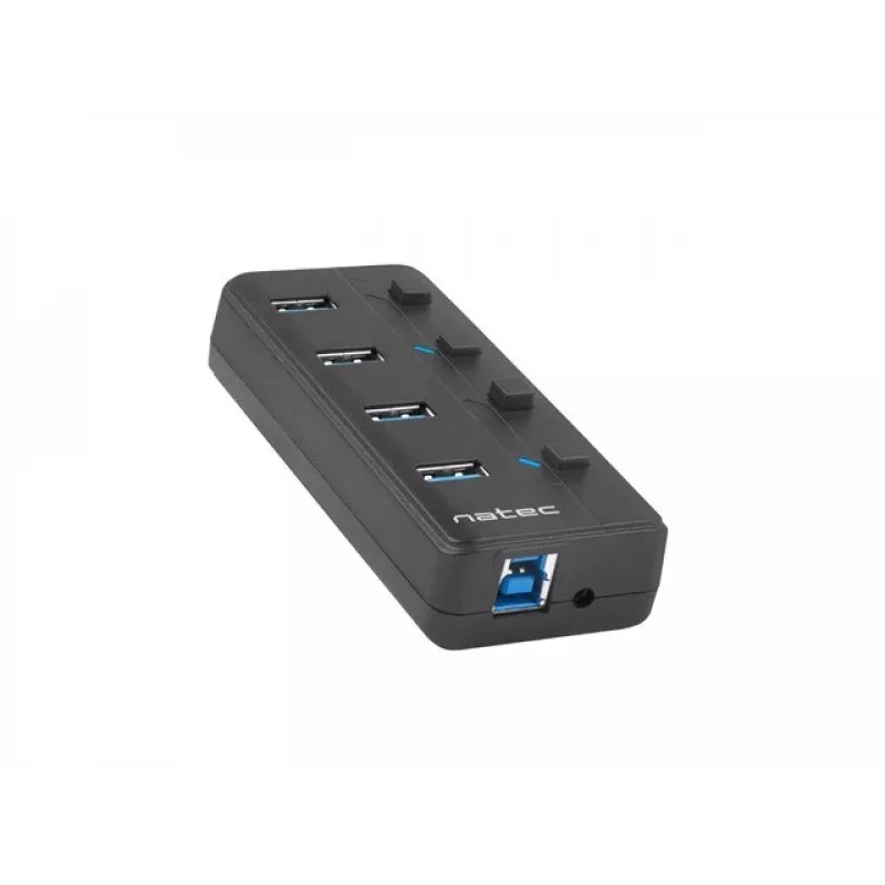 Natec Mantis 2 NHU-1557 hub USB 3.0 de 4 puertos, entrada USB Type-B, interruptores de encendido/apagado, adaptador de corriente, negro