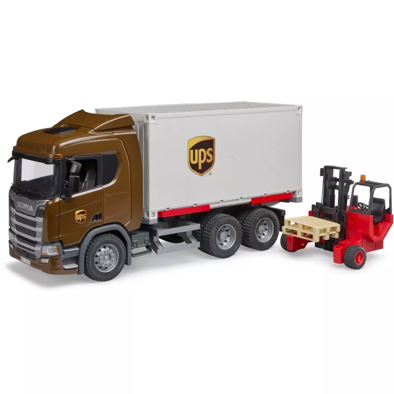 Camión logístico Scania Super 560R UPS con carretilla elevadora