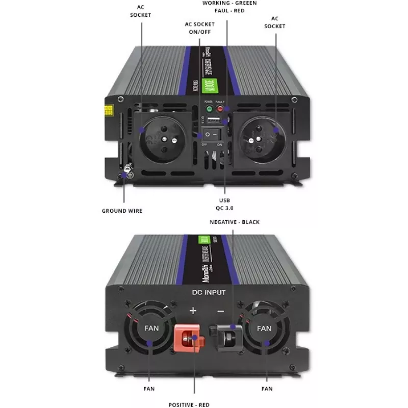Inversor QOLTEC Monolith 3000 MS Wave, 12V→230V, 1500/3000W, con USB