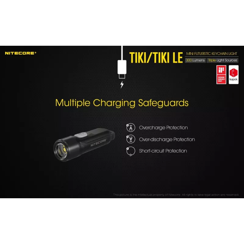 Linterna de mano Nitecore TIKI LE — 300 lm, recargable por USB, policarbonato, IP66, resistente a impactos, 10,5 g, 55 mm, negra