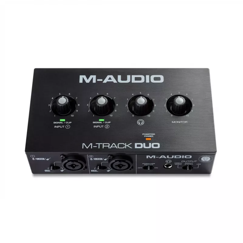 Interfaz de audio M-Audio M-Track Duo — USB 2-in/2-out, 16-bit/48 kHz, 1x XLR/TS combo, 1x entrada de instrumento, alimentación fantasma 48V