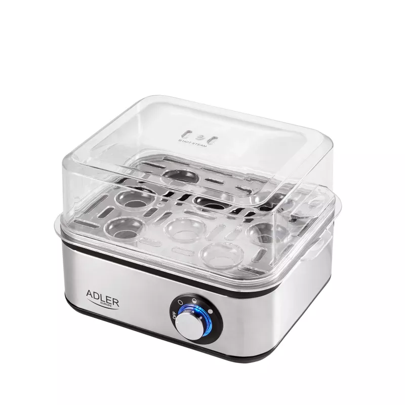 Huevera Adler AD 4486 — capacidad para 8 huevos, 800 W, acero satinado negro con tapa transparente