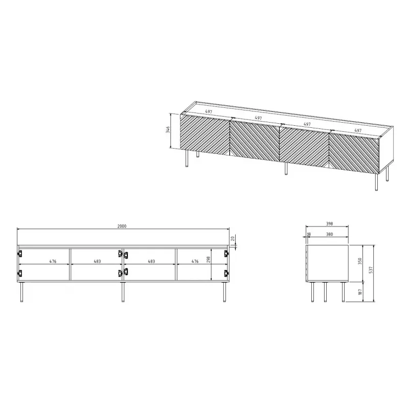 Mueble RTV 4D ONDA 200x40xH54.35 verde (de pie o montado en pared)