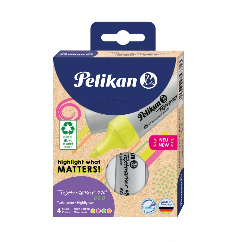 Rotulador Pelikan fluorescente 490 eco 4 uds. punta biselada verde naranja rosa amarillo