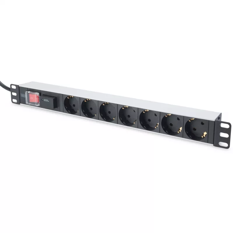Regleta de enchufes de aluminio Digitus con interruptor, 7 tomas de seguridad, cable de 2 m con protección contra sobretensiones