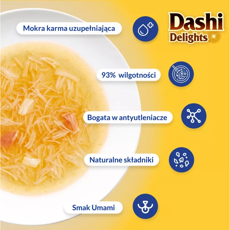 Snack de alimento húmedo para gatos INABA Dashi Delights Silky Broth – pollo con atún y salmón, sobre de 40 g, 93 % de humedad, apoyo digestivo dietético