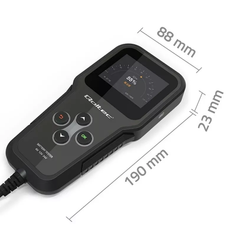 Qoltec 52489 Analizador y comprobador digital de baterías 3-en-1 con LCD y multilingüe 6V | 12V | 24V | 30Ah-200Ah
