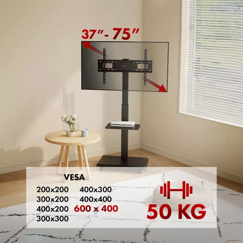 Soporte de TV ergo office ER-304 B, capacidad máx. 50 kg, VESA 600x400