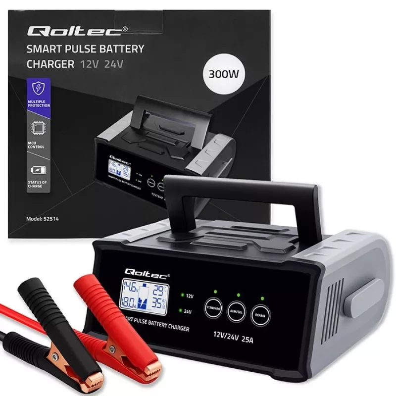 Cargador de baterías QOLTEC 52514 — 12V/24V, 25A, para baterías AGM/GEL/SLA con pantalla LCD