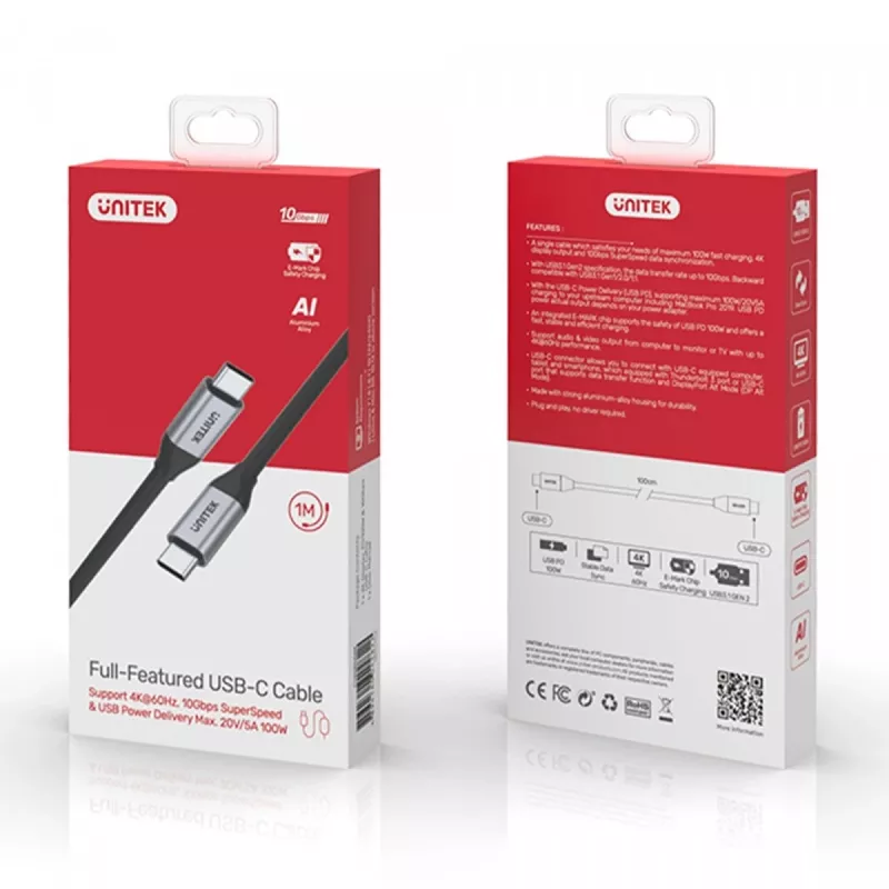 Cable de datos y carga USB-C a USB-C Unitek C14082ABK 1 m, USB 3.2 Gen 2 (10 Gbit/s), 100 W PD, Negro