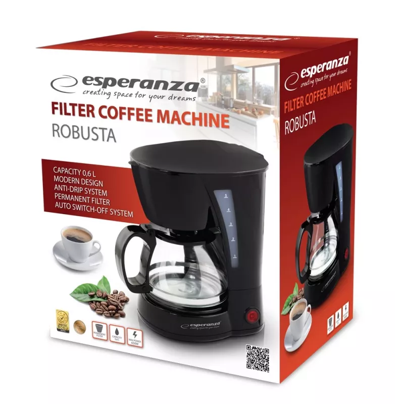 Cafetera de filtro ESPERANZA EKC006, depósito de agua de 0,6 l, 650 W, negra, para encimera