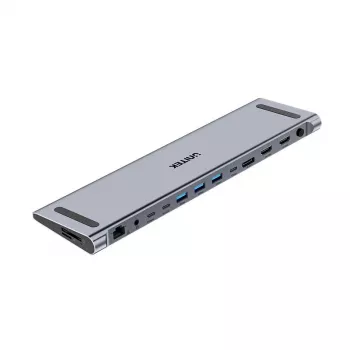 KVM-Switch Unitek D1106AGY01 Estación de acoplamiento USB-C Triple 4K con KVM, 3x USB-A, 5x USB-C, HDMI×2, DP×1, RJ-45, lector SD, 3840×2160@60Hz, Aluminio
