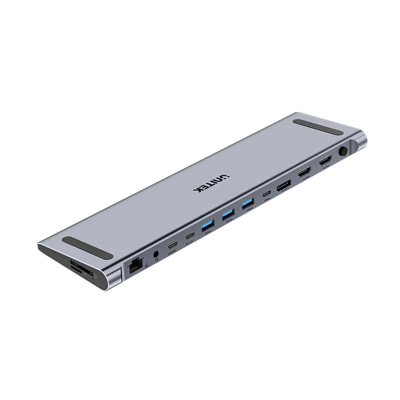 KVM-Switch Unitek D1106AGY01 Estación de acoplamiento USB-C Triple 4K con KVM, 3x USB-A, 5x USB-C, HDMI×2, DP×1, RJ-45, lector SD, 3840×2160@60Hz, Aluminio