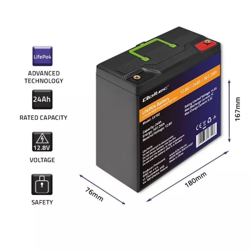 Qoltec 53702 Batería LiFePO4 de litio-hierro-fosfato | 12,8V | 24Ah | 307,2Wh | BMS