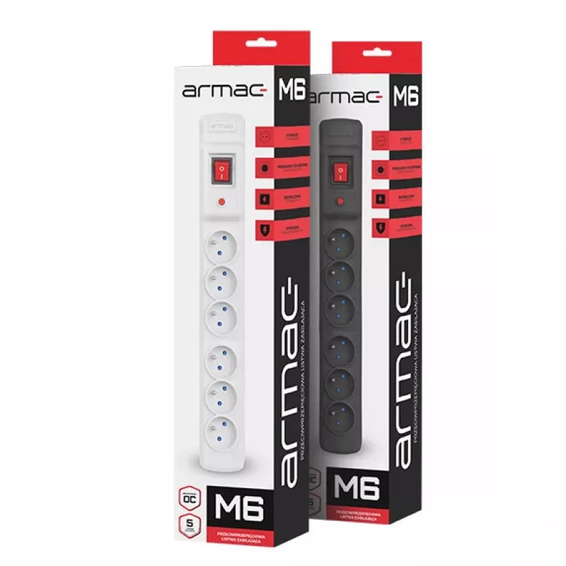 Armac Multi M6 | regleta de enchufes | protección contra sobretensiones, 6 enchufes, cable de 5 m, negro
