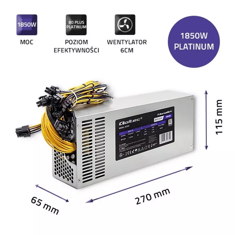 Fuente de alimentación Qoltec 50350 1850W PCI-E | 80 Plus Platinum | Gaming Miner