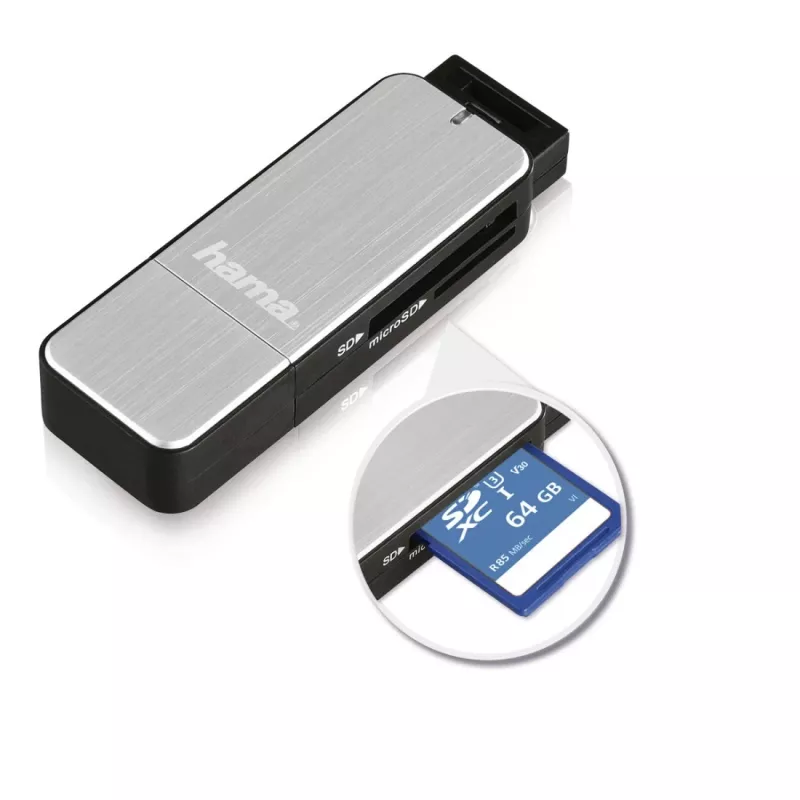Hama 123900 lector de tarjetas USB 3.0 SD/microSD, aluminio, negro/plata