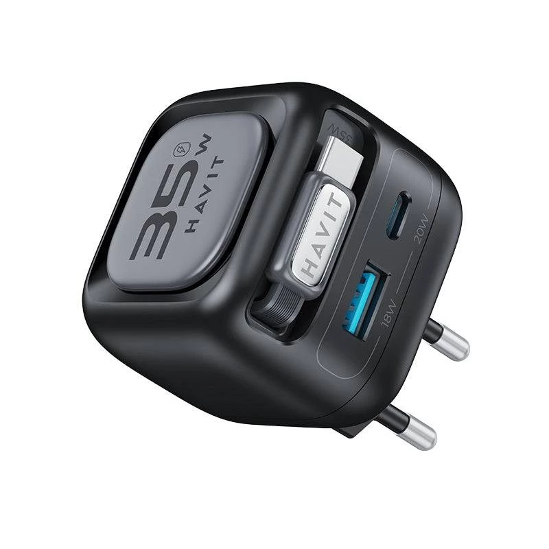 Havit UC250 A-EU cargador de viaje GaN con cable extensible, negro