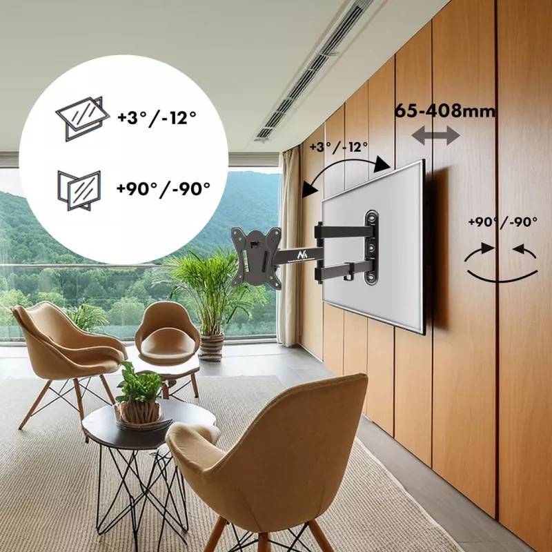 Soporte de pared para TV/monitor Maclean MC-417 totalmente articulado 13-32 30kg máx. VESA 100x100 negro con pintura en polvo soporte universal distancia a la pared ajustable giratorio inclinable