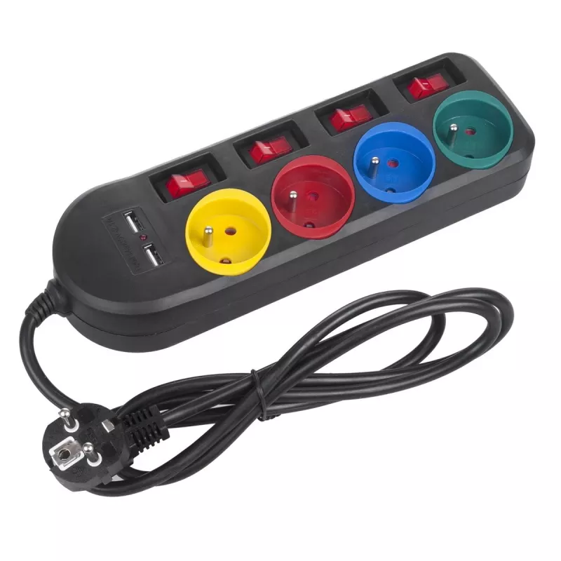 Regleta MACLEAN MCE229B — 4 tomas AC, 2× USB-A, cable de 1,5 m, 10 A, tipo F, interior, negra