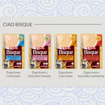 Snack húmedo para gatos INABA Ciao Bisque atún con salmón 40 g — sobre líquido con sabor a pescado, 86 % de humedad, 8 % de proteína