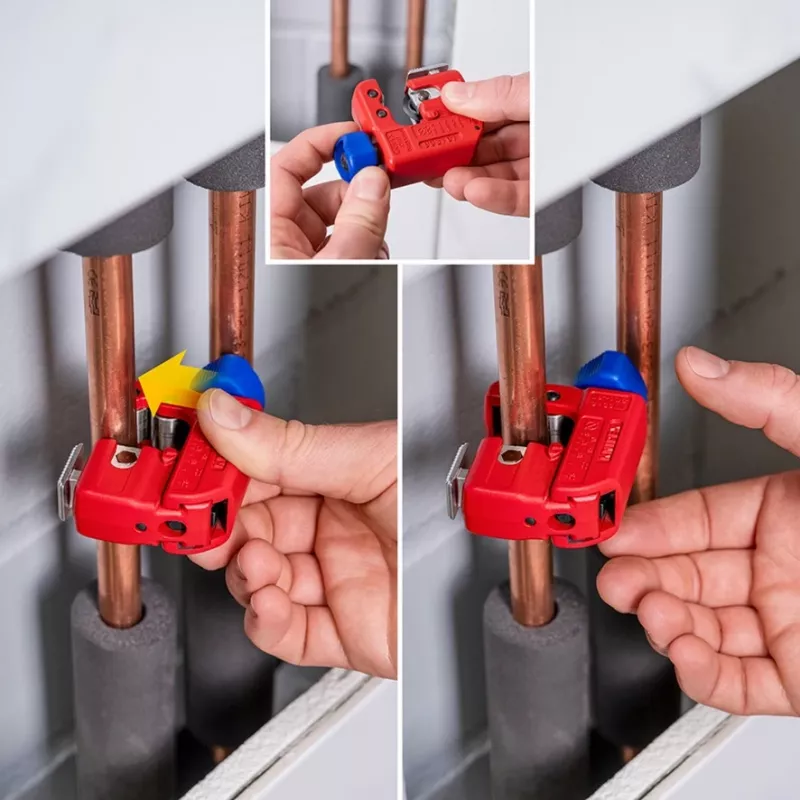 Cortatubos Knipex TubiX S 3–30 mm, herramienta de corte compacta para tubos de metal y plástico
