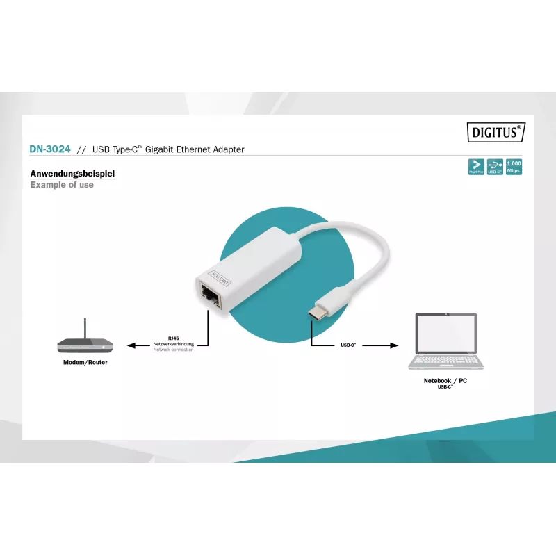 Adaptador Digitus DN-3024 USB 3.0 20 cm 1x USB-C a 1x RJ45 apantallado