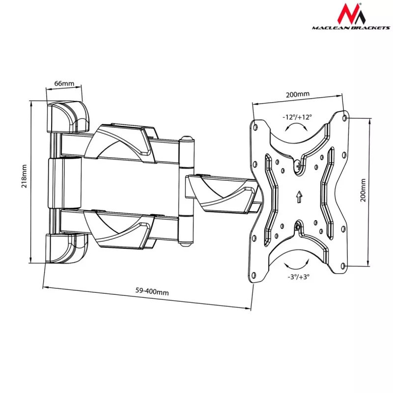 Soporte de pared para TV MACLEAN MC-742 para 42 pulgadas (106,7 cm), inclinable -12°/+12°, VESA 75x75–200x200, carga máx. 30 kg, negro