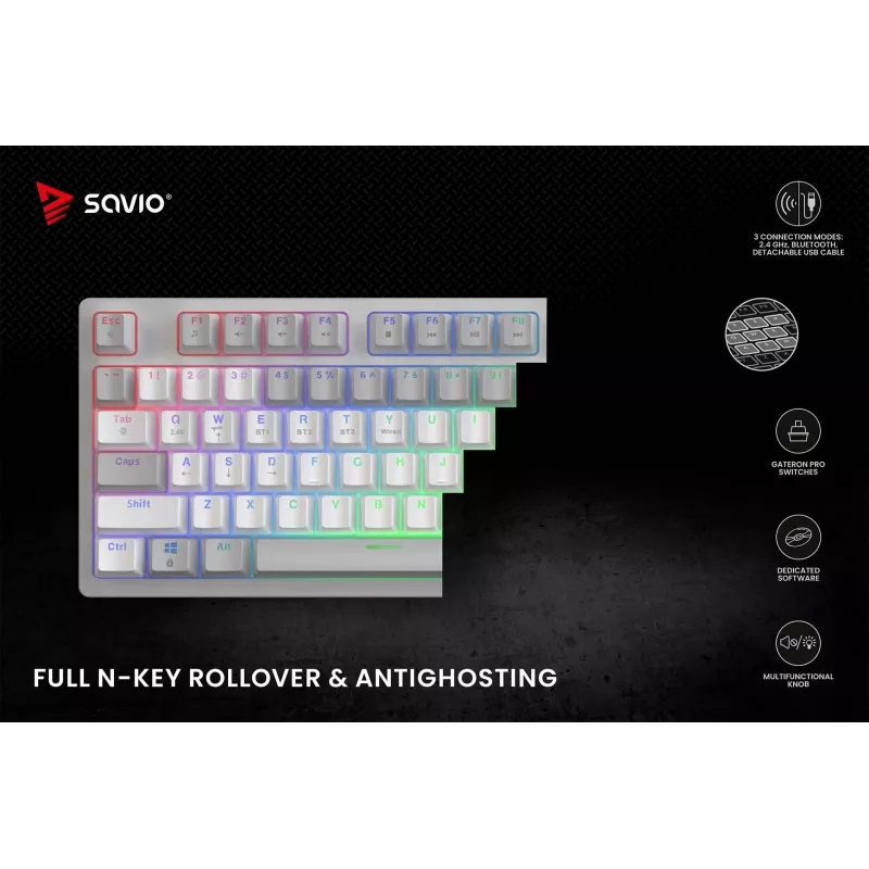 SAVIO PHENIX WHITE teclado mecánico inalámbrico, Gateron Red Pro, ABS