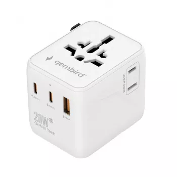 Fuente de alimentación de viaje GEMBIRD TPA-1A2C20-01-W — 20 W, USB-A (18 W) + 2× USB-C (20 W), enchufe Type E, blanco
