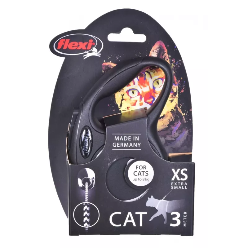 Correa retráctil Flexi New Classic Cat XS 3 m — correa de cordón para mascotas pequeñas, negra, carga máx. 8 kg