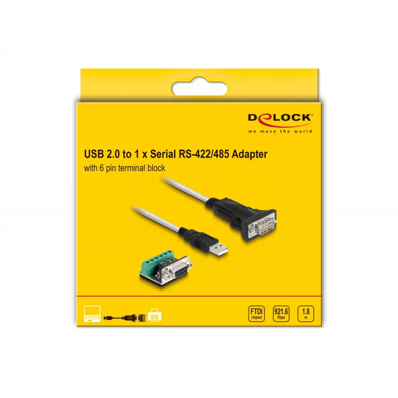 DeLOCK 63465 Adaptador de USB 2.0 Type-A a serie RS-422/485, bloque de terminales de 6 pines, 1,8 m, negro/transparente