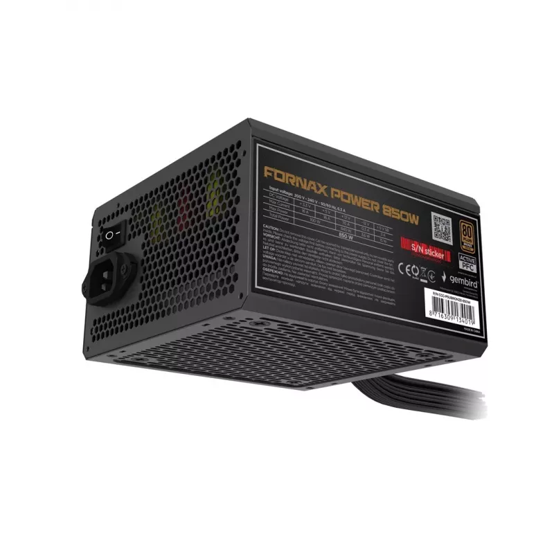 Gembird CCC-PSUBRONZE-850W fuente de alimentación Fornax Power 850W PFC activo ventilador 12cm 80+Bronze caja en color