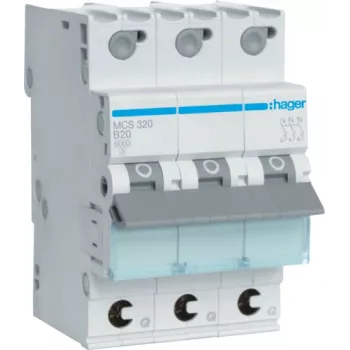 Hager MCS320. Corriente nominal: 20 A, frecuencia de red: 50/60, corriente nominal de salida: 20 A. Tipo: característica C, número de módulos (máx.): 3 módulos. Ancho: 52,5 mm, profundidad: 70 mm, altura: