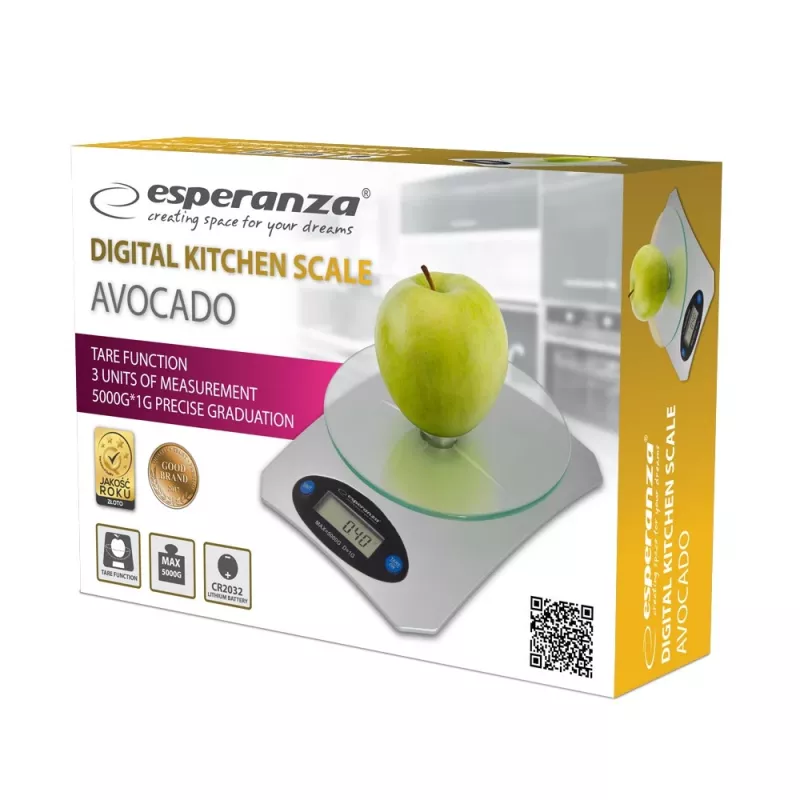 Báscula de cocina electrónica ESPERANZA Avocado gris — capacidad 5 kg, plataforma de bambú, unidades g/lb/oz