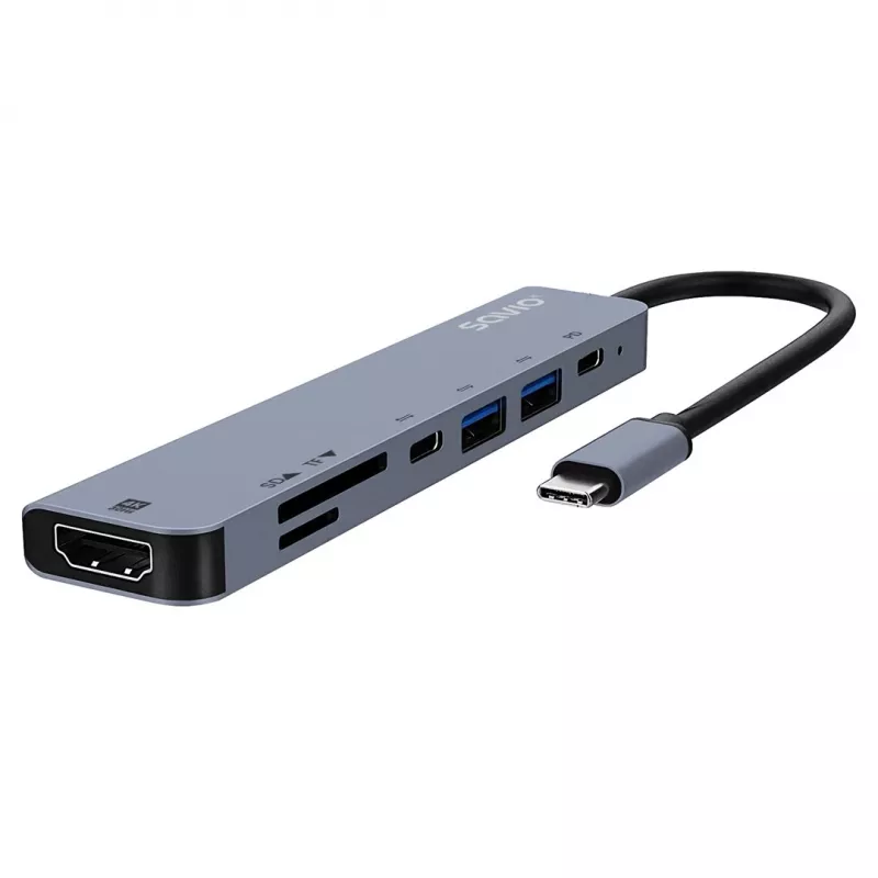 Hub USB Type-C SAVIO AK-82 con HDMI, MicroSD, USB 3.2 Gen1, PD pass-through, 4K@30Hz, 5000 Mbit/s, negro